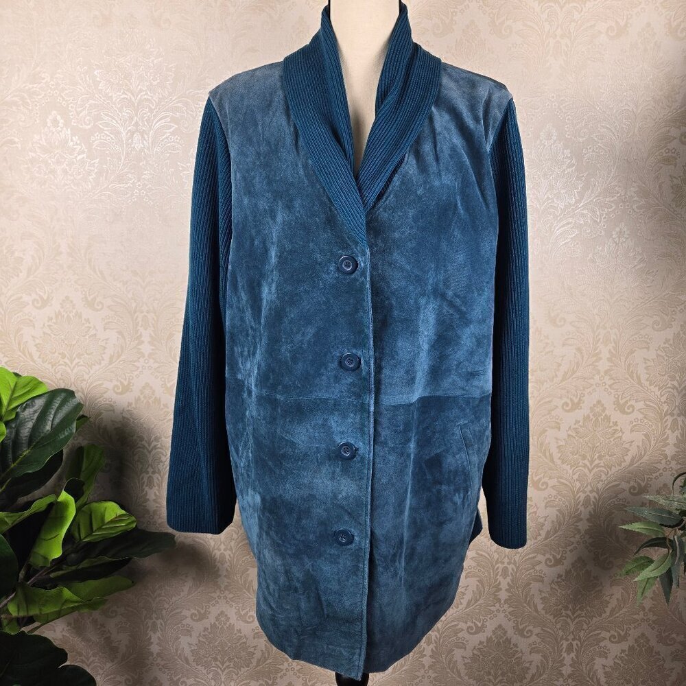 Linea by Louis Dell'Oli0 Size 1X Turquoise Suede Coat Knit Sleeves & Collar NWT